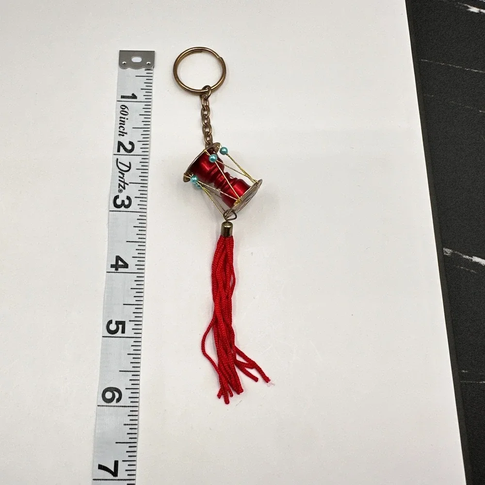 Vintage 90s Korean Janggu Drum Keychain Red Tassel Blue Bead Traditional Style